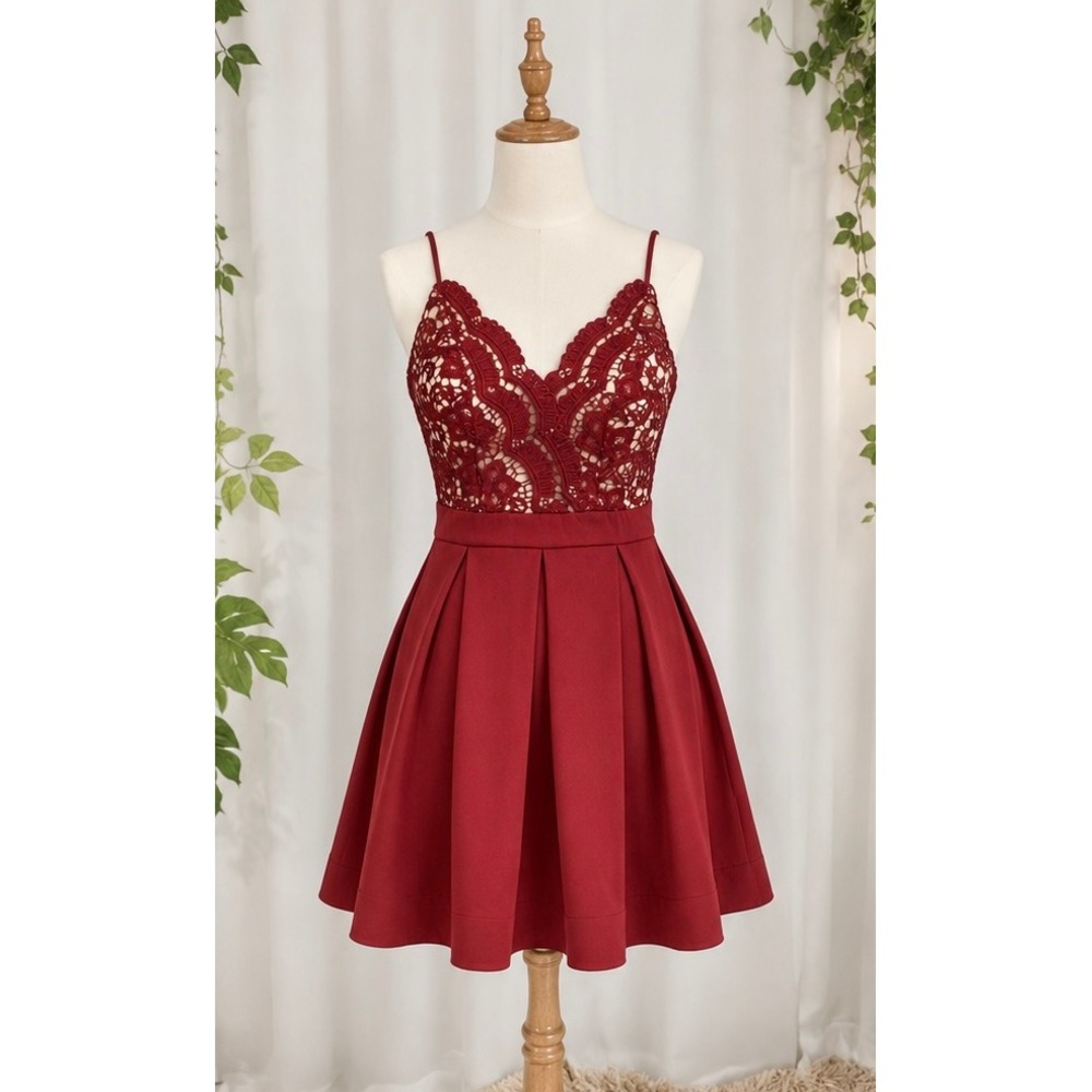 Burgundy‎ Lace Fit & Flare Skater Dress Coquette Homecoming S